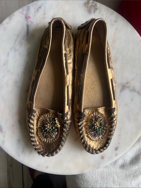 Miu Miu Metallic Gold Beaded Women’s Moccasins
